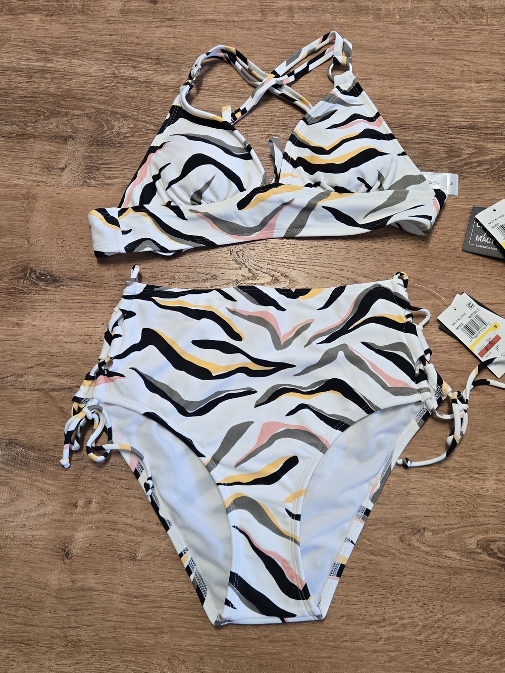 NWT! Salt + Cove High-Waist Zebra Stripe Bikini Set White Black, Pink Yellow Med